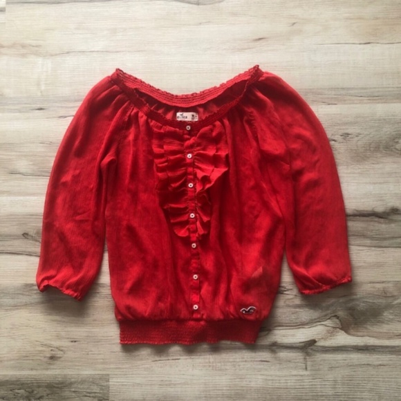 Hollister Sheer Red Blouse with Ruffle Front - Picture 1 of 6